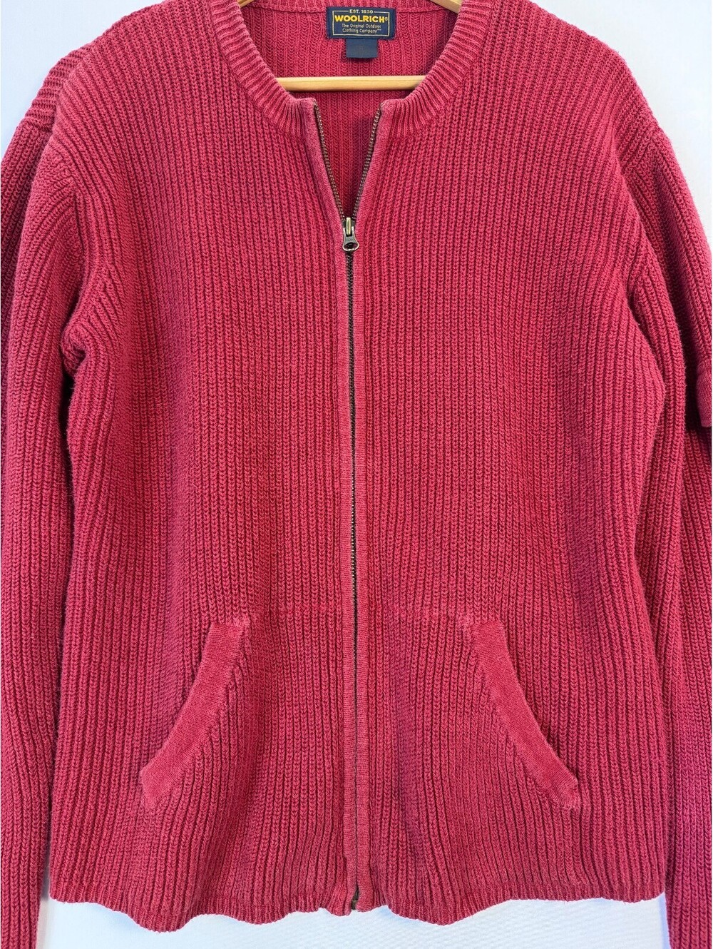 Woolrich Vintage Ribbed Full Zip Cardigan Cargo Pocket Sweater Womens XL Ruby - Picture 3 of 10